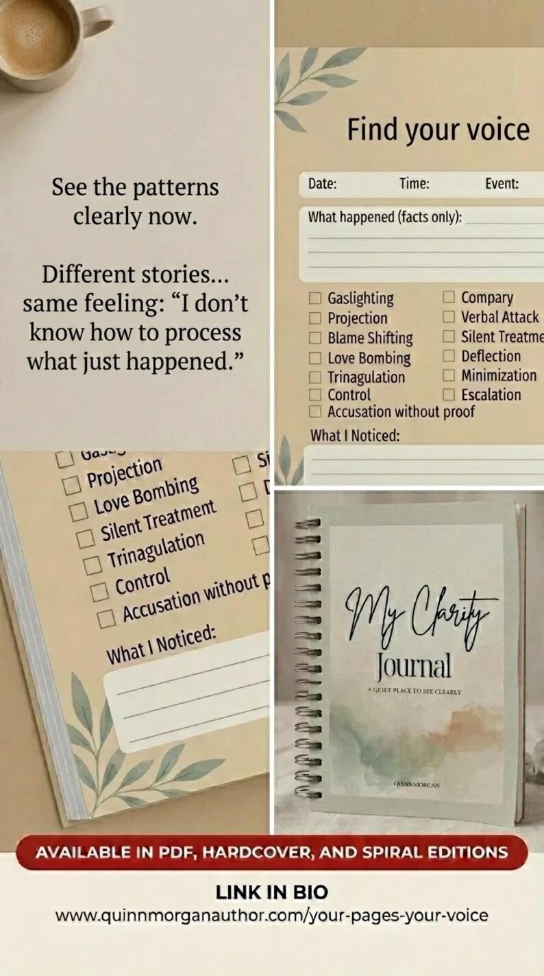 May include: A journal titled "My Charity Journal" with the text "A Quiet Place to See Clearly." The image also shows pages with prompts for self-reflection, including sections for dates, events, and observations.