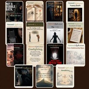 K&ouml;nnte beinhalten: Eine Sammlung von f&uuml;nfzehn Karten mit dem Titel "Focused Reflections", die sich mit Themen wie Selbstf&uuml;rsorge und toxischen Beziehungen befassen. Jede Karte enth&auml;lt Text und Illustrationen mit einem einheitlichen Design. Der Text am unteren Rand des Bildes lautet: "Sie wissen bereits, dass etwas passiert ist."