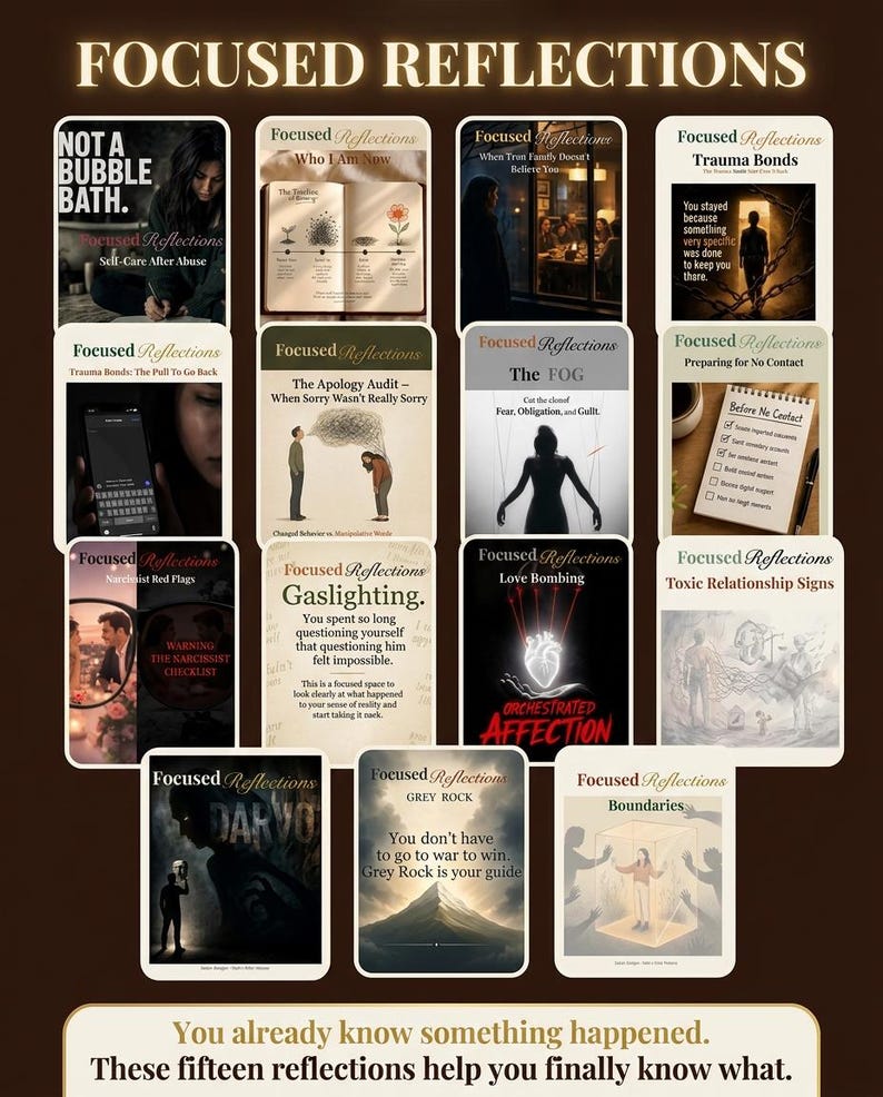K&ouml;nnte beinhalten: Eine Sammlung von f&uuml;nfzehn Karten mit dem Titel "Focused Reflections", die sich mit Themen wie Selbstf&uuml;rsorge und toxischen Beziehungen befassen. Jede Karte enth&auml;lt Text und Illustrationen mit einem einheitlichen Design. Der Text am unteren Rand des Bildes lautet: "Sie wissen bereits, dass etwas passiert ist."
