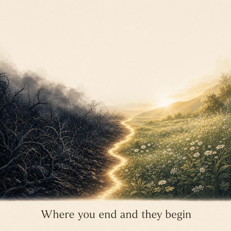 May include: An artistic landscape painting depicts a stark contrast between two sides. One side is dark and barren, while the other is bright and flourishing with a path of light. The text at the bottom reads, "Where you end and they begin."