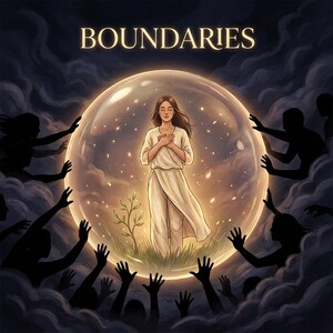 May include: Digital art illustration featuring a woman in a white dress inside a glowing sphere, surrounded by dark figures with outstretched hands. The word "BOUNDARIES" is written above the sphere in gold lettering. A small plant grows at the woman's feet.
