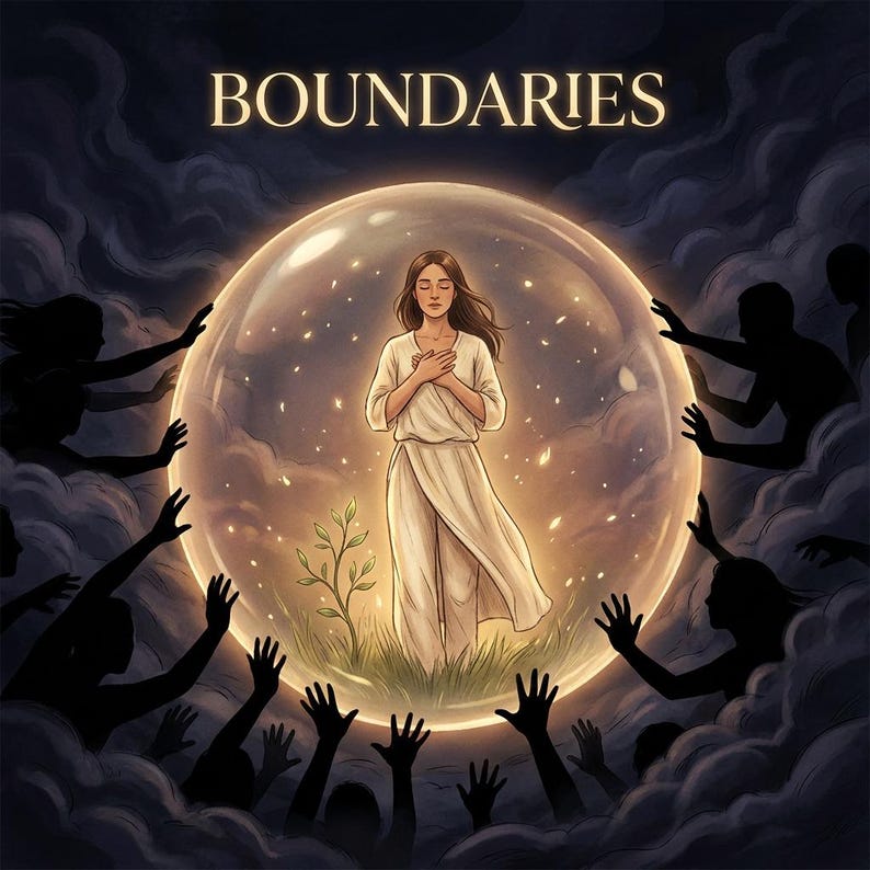 May include: Digital art illustration featuring a woman in a white dress inside a glowing sphere, surrounded by dark figures with outstretched hands. The word "BOUNDARIES" is written above the sphere in gold lettering. A small plant grows at the woman's feet.