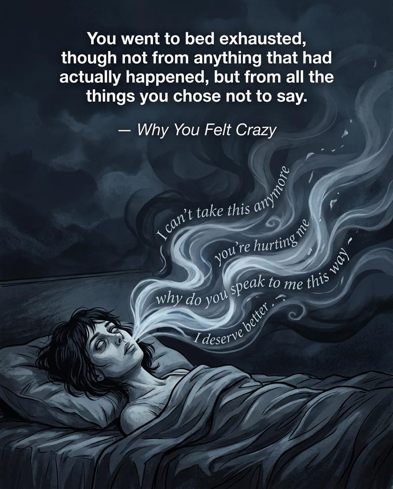 May include: Illustration of a person lying in bed, exhaling a stream of thoughts. The text reads, "You went to bed exhausted... Why You Felt Crazy." Thought bubbles include phrases like "I can't take this anymore" and "I deserve better."