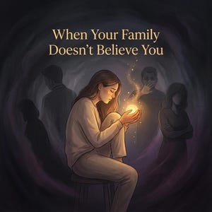 May include: An illustration depicts a woman sitting with a glowing orb in her hands, surrounded by shadowy figures. The text "When Your Family Doesn't Believe You" is at the top. The artwork uses a muted color palette with a focus on the woman and the orb.