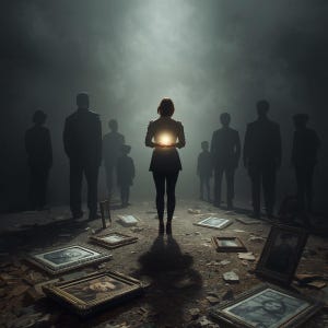 May include: A woman holding a glowing orb stands in a dimly lit space, surrounded by silhouetted figures. Portrait frames are scattered on the ground. The scene is shrouded in a dark, atmospheric setting, with a spotlight illuminating the woman and the orb.
