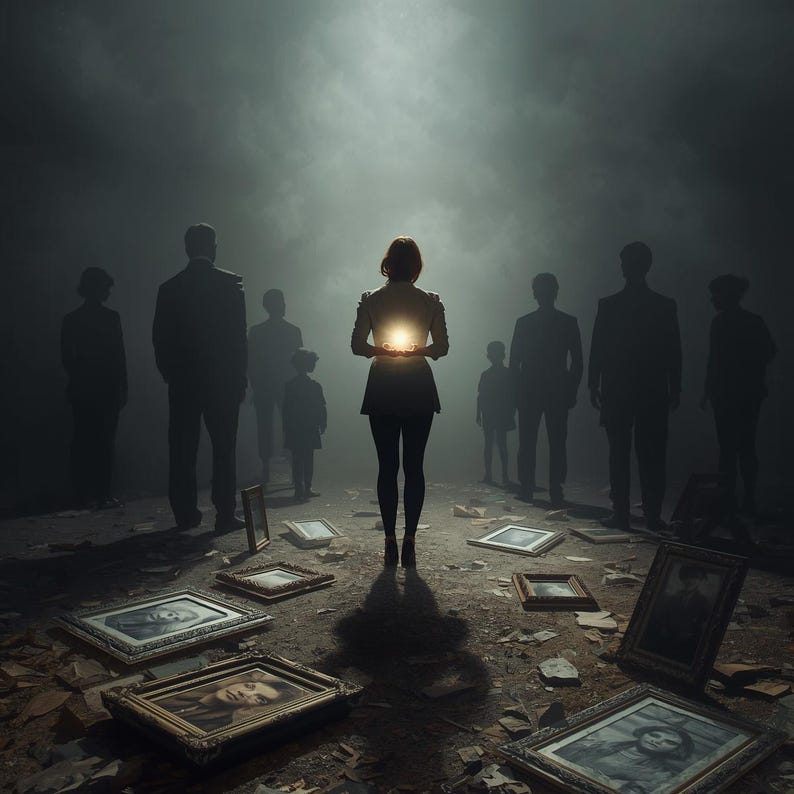 May include: A woman holding a glowing orb stands in a dimly lit space, surrounded by silhouetted figures. Portrait frames are scattered on the ground. The scene is shrouded in a dark, atmospheric setting, with a spotlight illuminating the woman and the orb.