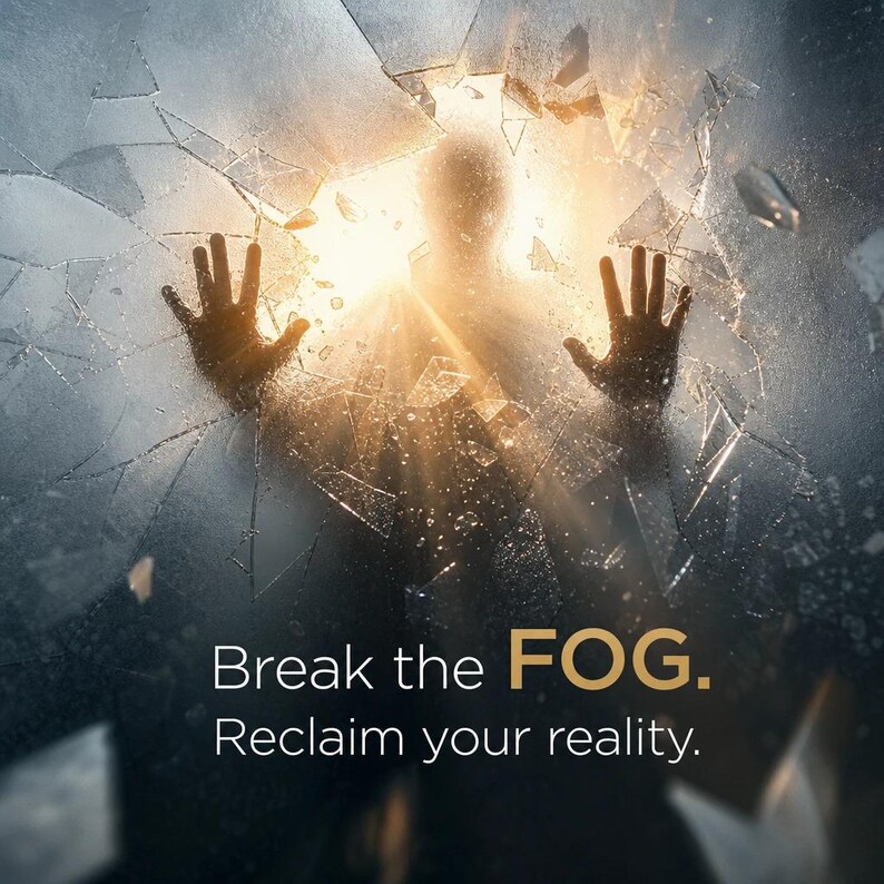 K&ouml;nnte beinhalten: Ein Bild einer Silhouette hinter zerbrochenem Glas, H&auml;nde dr&uuml;cken gegen die Oberfl&auml;che. Ein helles, goldenes Licht scheint durch den Hintergrund. Der Text lautet: "Break the FOG. Reclaim your reality."