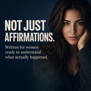 K&ouml;nnte beinhalten: Das Bild zeigt eine Frau mit braunem Haar, die den Betrachter ansieht. Der Text "NOT JUST AFFIRMATIONS" ist in gro&szlig;en wei&szlig;en Buchstaben geschrieben. Darunter steht: "Geschrieben f&uuml;r Frauen, die bereit sind zu verstehen, was wirklich geschah."