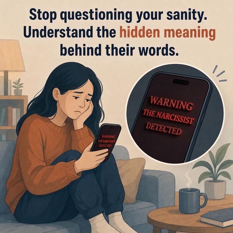 May include: Illustration of a woman looking at a phone displaying "WARNING THE NARCISSIST DETECTED." The image includes text: "Stop questioning your sanity. Understand the hidden meaning behind their words."