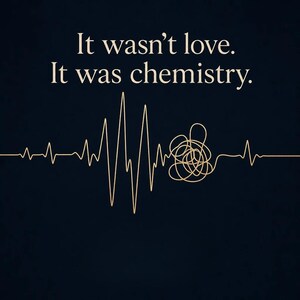 K&ouml;nnte beinhalten: Dunkelblauer Hintergrund mit dem Text "It wasn't love. It was chemistry." in einer Serifenschrift. Eine goldfarbene Strichzeichnung eines Herzschlags geht in eine verschlungene Kritzelei &uuml;ber.