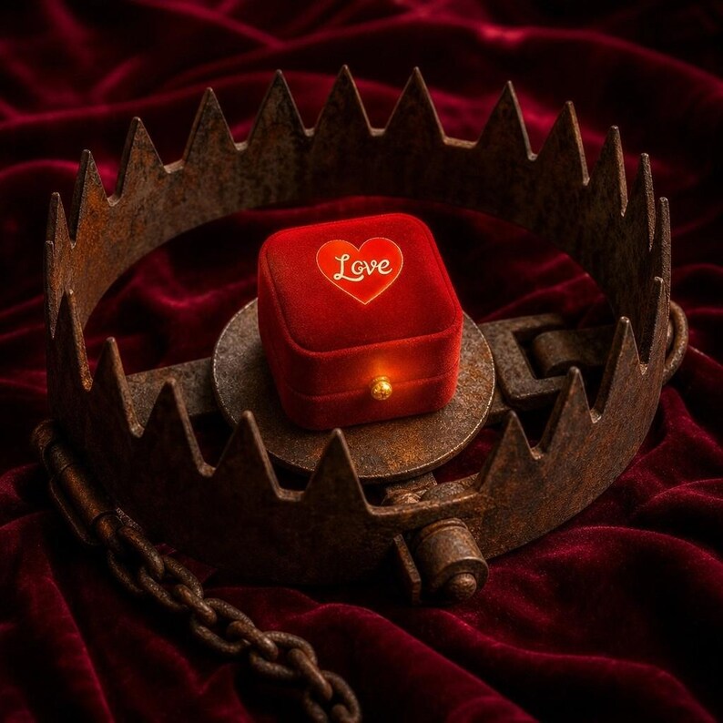 May include: A red velvet ring box with a gold heart and the word "Love" sits inside a rusty bear trap. The trap is on a red velvet surface. A chain is attached to the trap.