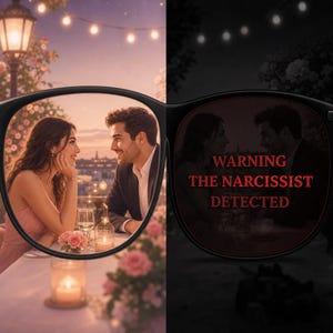 May include: An artistic image of eyeglasses with two different views. The left lens shows a couple at a romantic dinner, while the right lens displays the text "WARNING THE NARCISSIST DETECTED" in red, against a dark background.