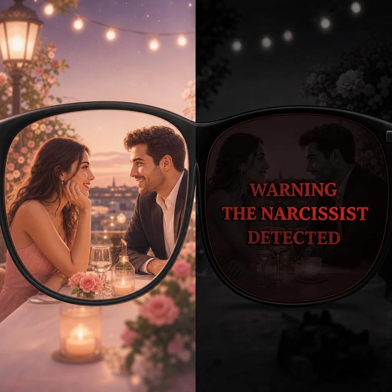 May include: An artistic image of eyeglasses with two different views. The left lens shows a couple at a romantic dinner, while the right lens displays the text "WARNING THE NARCISSIST DETECTED" in red, against a dark background.