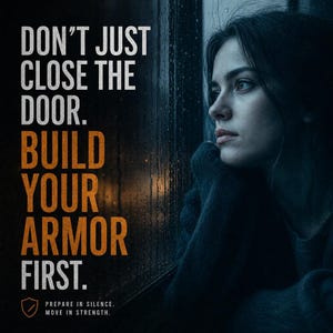 May include: A woman gazes out a rain-streaked window. The image features text in white and orange that reads "DON'T JUST CLOSE THE DOOR. BUILD YOUR ARMOR FIRST." Below, it says "PREPARE IN SILENCE. MOVE IN STRENGTH."
