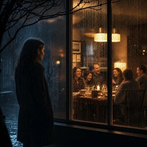 May include: A person stands outside in the rain, looking through a window at a group of people enjoying a meal. The window is covered in raindrops, and the interior is warmly lit with soft lighting.