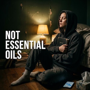 May include: A person in a dark grey hoodie and tracksuit bottoms sits on a wooden floor, holding a journal. The text "NOT ESSENTIAL OILS" is displayed in large white letters. A lit lamp and a smartphone are also visible.