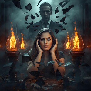 May include: A surreal digital art piece featuring a woman with hands on her head, appearing distressed. A man in a suit looms in the background. Flames burn in glass lamps, and shards of glass float in the air, creating a dramatic, mysterious scene.