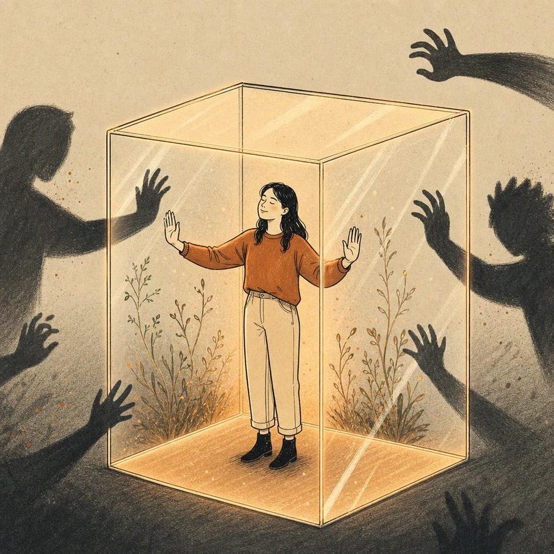 May include: Illustration of a person inside a clear glass box, arms outstretched, with shadows of hands reaching towards the box. The person wears an orange sweater, light pants, and black boots. Plants grow inside the box. The background is a light brown color.