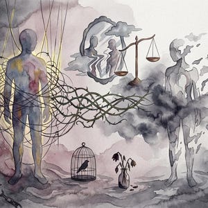May include: Watercolour painting showing a figure bound by wires and thorns, with a bird in a cage and a set of scales. The artwork uses a muted palette of blues, greys, and yellows, suggesting themes of restriction and self-reflection.