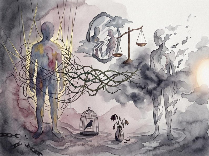 May include: Watercolour painting showing a figure bound by wires and thorns, with a bird in a cage and a set of scales. The artwork uses a muted palette of blues, greys, and yellows, suggesting themes of restriction and self-reflection.