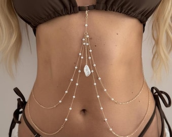 Cadena Cuerpo Perlas Oro Colgante Barroco Flecos Bikini Cintura