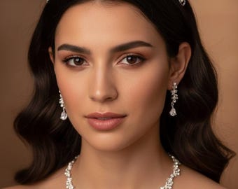 Crystal Bridal Jewelry Set Gold Tiara Necklace and Drop Earrings