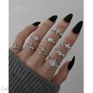 Set De Anillos Plata Estrellas Celestial Moonstone Gothic Ajustables