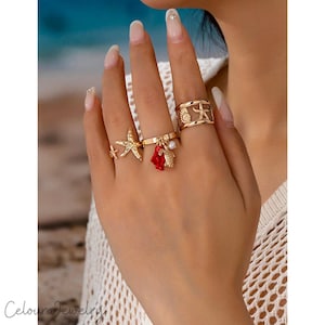 Ocean Turtle Shell Ring Set Gold Beach Stackable Summer Rings