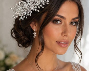Pettine Sposa Cristallo Argento Accessorio Capelli Foglia Strass