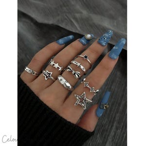 Silver Star Ring Set Vintage Y2K Bow Minimalist Stackable Rings