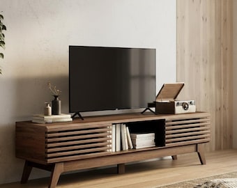 Mid Century Modern Walnut TV Stand, Fluted Sliding Doors Entertainment Center