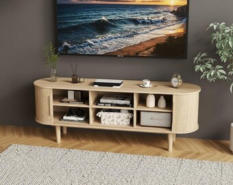 Modern Wood TV Stand with Sliding Door Storage, Media Console Table