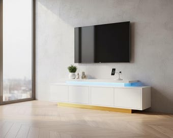Extendable White Media Console, Modern LED TV Stand with Storage Cabinets