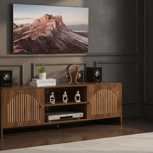 Mid-Century Modern TV Stand Cabinet, Wooden Entertainment Center, Arch Doors Storage Console