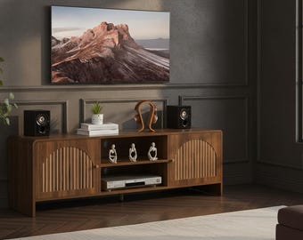 Mid-Century Modern TV Stand Cabinet, Wooden Entertainment Center, Arch Doors Storage Console