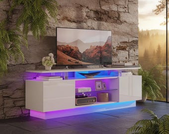 High Gloss TV Stand with LED Lights, Modern Media Console Cabinet