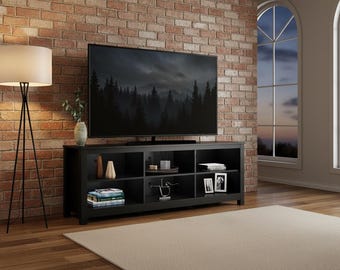 Black Engineered Wood TV Stand, Media Console with Storage Cubbies