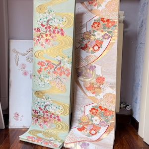 Japanese Kyoto kimono obi pure silk  featuring hand-embroidered gold thread Vintage fabric table runner mint wave