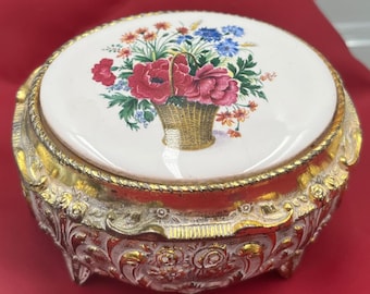 Vintage Floral Porcelain Working Music Box Keepsake Storage