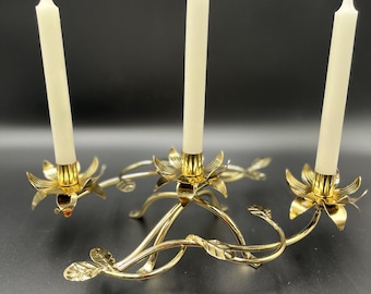 Vintage 70’s Hollywood Regency Floral Branch Candelabra Gold Tone Centerpiece
