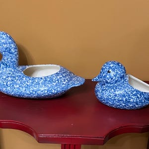 May include: Two ceramic duck planters with blue and white speckled patterns. The larger duck has a long neck and open center for plants. The smaller duck has a similar design. Both are on a red table.