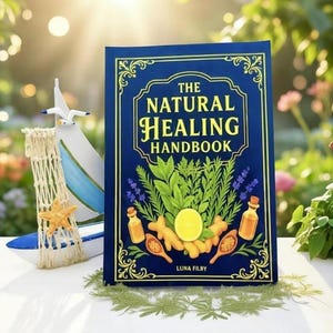 Peut inclure: Un livre &agrave; couverture rigide bleu marine intitul&eacute; "The Natural Healing Handbook" avec des lettres dor&eacute;es. La couverture pr&eacute;sente des illustrations d'herbes, d'huiles essentielles et d'un citron. Un voilier d&eacute;coratif et une &eacute;toile de mer sont en arri&egrave;re-plan.