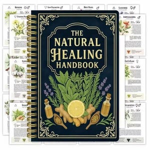Peut inclure: Un livre &agrave; spirales intitul&eacute; "The Natural Healing Handbook" avec une couverture bleu fonc&eacute; orn&eacute;e d'illustrations d'herbes, d'un citron et d'huiles essentielles. Des pages suppl&eacute;mentaires avec des illustrations botaniques sont visibles. La reliure est dor&eacute;e.
