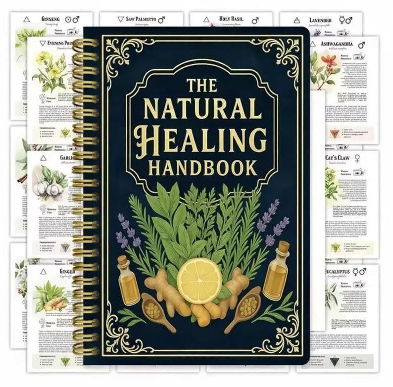 Peut inclure: Un livre &agrave; spirales intitul&eacute; "The Natural Healing Handbook" avec une couverture bleu fonc&eacute; orn&eacute;e d'illustrations d'herbes, d'un citron et d'huiles essentielles. Des pages suppl&eacute;mentaires avec des illustrations botaniques sont visibles. La reliure est dor&eacute;e.