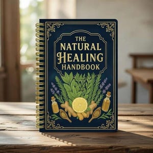 Peut inclure: Un carnet &agrave; spirales bleu marine intitul&eacute; "The Natural Healing Handbook". La couverture pr&eacute;sente des illustrations d'herbes, une tranche de citron, du gingembre et des flacons d'huiles essentielles. Le texte est en lettres dor&eacute;es.