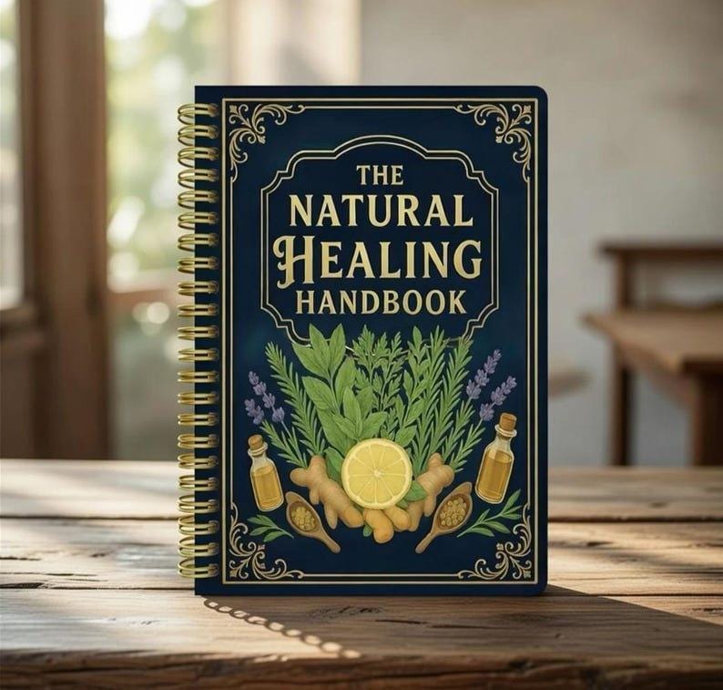 Peut inclure: Un carnet &agrave; spirales bleu marine intitul&eacute; "The Natural Healing Handbook". La couverture pr&eacute;sente des illustrations d'herbes, une tranche de citron, du gingembre et des flacons d'huiles essentielles. Le texte est en lettres dor&eacute;es.