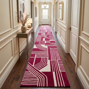 Modern Magenta Geometric Runner Rug for Hallway, Contemporary Abstract Corridor Carpet, Luxury Pink Ivory Designer Floor Runner Decor