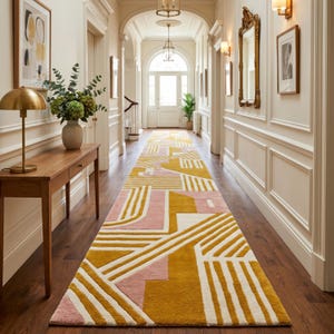 Art Deco Sunrise Runner Rug – Mustard Gold & Blush Pink Statement Hallway Carpet