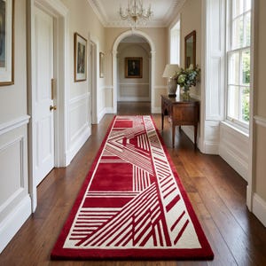 Modern Red Geometric Runner Rug, Abstract Hallway Carpet, Contemporary Corridor Runner, Luxury Entryway Rug, Custom Runner