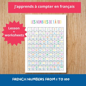 Puede incluir: Un póster educativo blanco con números franceses del 1 al 100. El póster tiene un encabezado colorido y un gráfico de estrella rosa que dice "Lesson + worksheets". El texto "FRENCH NUMBERS FROM I TO 100" está en la parte inferior.